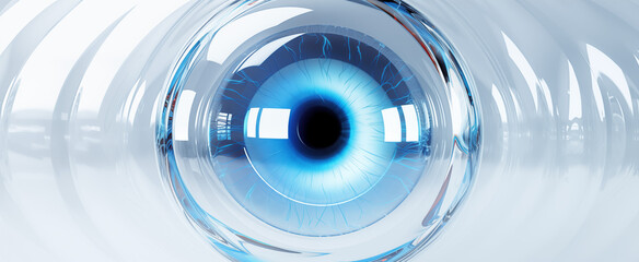 blue eyeball is seen through circular lens in white background with reflection of eye