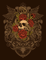 Illustration vintage skull snake rose with engraving ornament