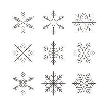 Set of snowflake line icons for winter season. Design elements symbolizing snow, snowflakes, ice, crystals, winter, frost, cold weather and Christmas.