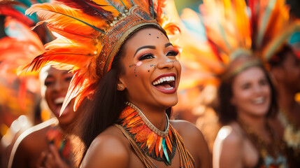 samba dancer smiling at a latin carnival wearing feather crown