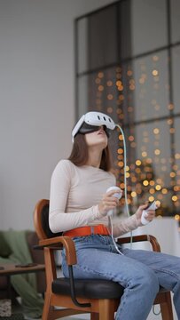 Zoomed-in image capturing the modern virtual reality headset adorned by the stylish young woman.
