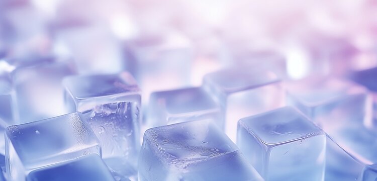 Extreme close-up of abstract blurred ice cubes, lavender and icy blue hues, 