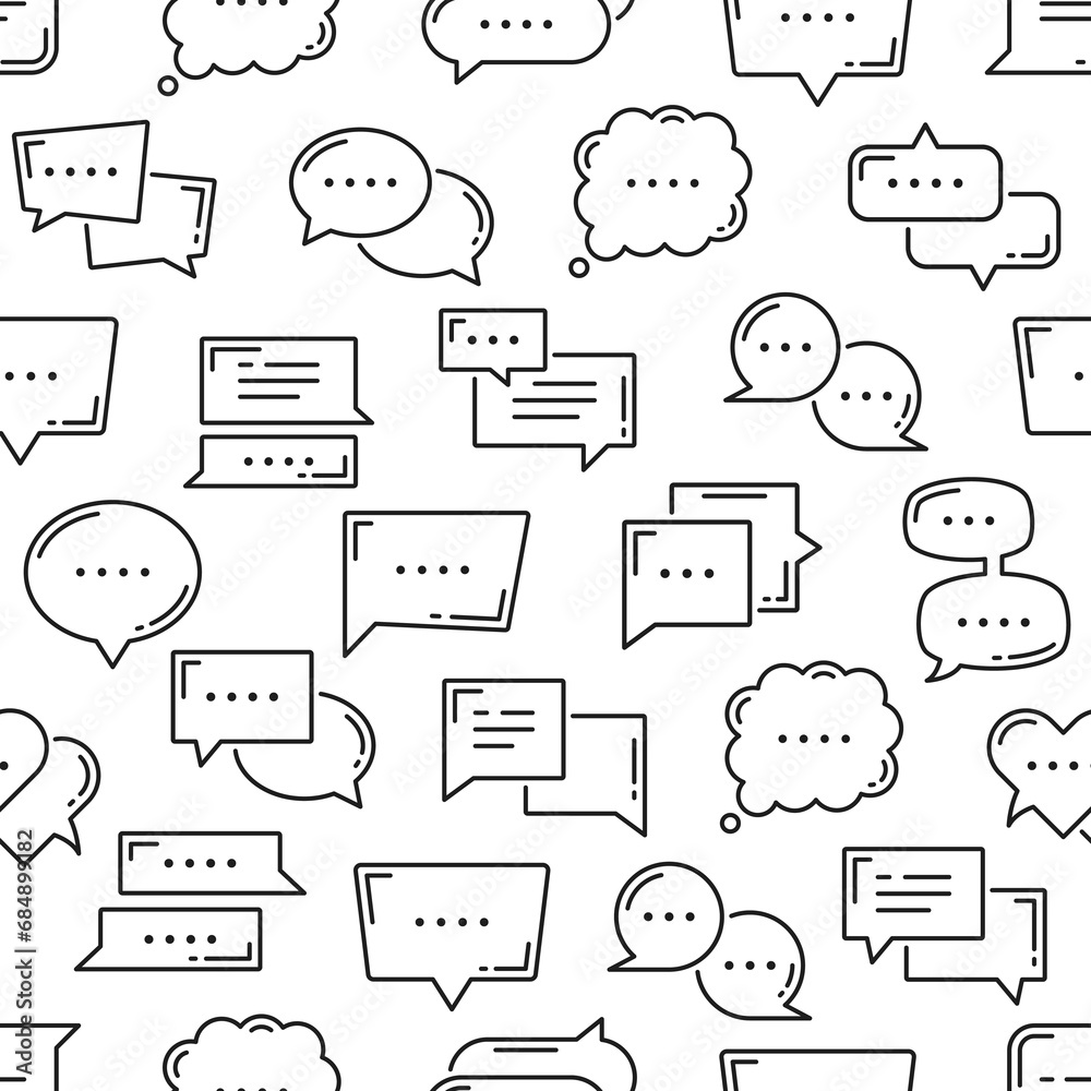 Poster Dialogue balloon, chat bubble icons seamless pattern. Textile pattern, wrapping paper linear vector print or fabric seamless background. Wallpaper backdrop with speak bubbles, chat message frame