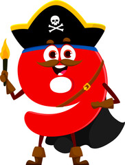 Cartoon funny number 9 pirate or corsair character in tricorn hat with torch, isolated vector. Number nine in costume of pirate or marine filibuster and buccaneer in pirate hat for kids mathematics