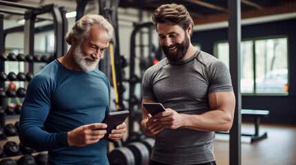 Fototapeta na wymiar Two bearded man gearing up for a workout gym holding a fitness mat and a phone