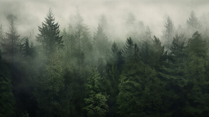 Obraz na płótnie Canvas landscape coniferous forest in autumn fog, view of fir trees and pines in the silence and tranquility of wild northern nature background
