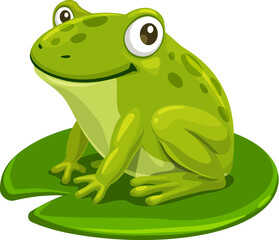 Adorable cartoon frog character sitting on water lilly leaf. Isolated vector amphibian animal, kids personage with round eyes and a contagious grin. Its green skin and posture exude charm and whimsy - obrazy, fototapety, plakaty