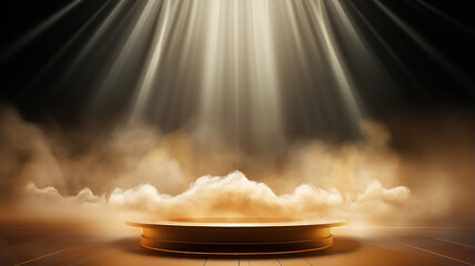 golden round podium with light clouds, a stage for a new product with an empty copy space - obrazy, fototapety, plakaty