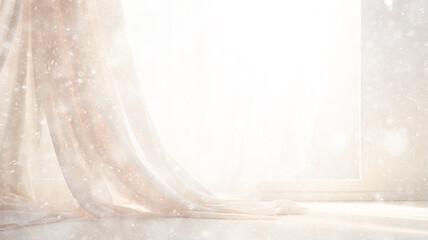 Fototapeta na wymiar white background delicate soft color pink curtain on the window, in a blurred snow-white blur bokeh, snowfall design, blank, abstract