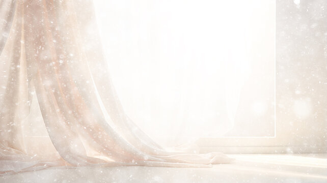 white background delicate soft color pink curtain on the window, in a blurred snow-white blur bokeh, snowfall design, blank, abstract