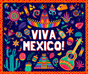 Viva mexico banner with sombrero, tropical flowers, pinata and guitar. Vector greeting card in traditional alebrije style with national landmarks as pyramid, maracas, cacti flowers, tequila, tex mex