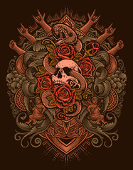 Illustration vintage skull snake rose with engraving ornament