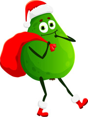 Green pear Santa cartoon character with Christmas gift bag. Funny fruit food vector personage with Santa red hat and Xmas holiday sack showing thumb up. Christmas and winter holidays emoticon