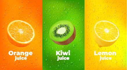 Water drops fruit juice background with orange, kiwi and lemon fruits. Vector vertical banners with realistic 3d tropical plant halves and scatter dews. Templates for drink, lemonade or cocktail ads - obrazy, fototapety, plakaty