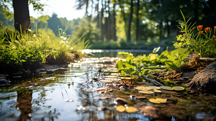 Obraz na płótnie Canvas water flowing in the forest full of greenery and moss. Spring time in the woods. Green forest full of nature and wild life. Green. Forest. Nature, green forest trees with sun ray background, Generati 