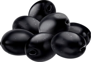 Realistic isolated black olives pile. 3d vector towering heap of raw, plump, glossy black berries with seeds, exuding a rich, earthy aroma. A delectable Mediterranean delight, for gourmet dishes