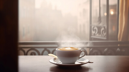Fototapeta premium love for Viennese coffee, the shape of a heart in a cup of hot drink in a restaurant on a blurry background