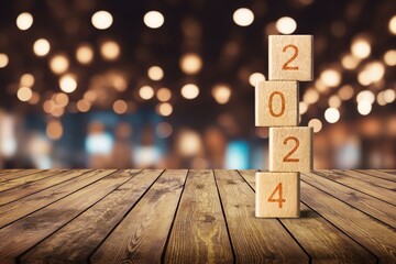 Happy celebrating new year 2024, wood cube - obrazy, fototapety, plakaty
