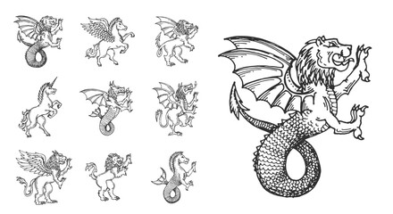 Medieval heraldic animals sketch, lion, unicorn or pegasus, dragon and griffin, vector symbols. Heraldry sketch mythic creatures of unicorn, lion dragon and pegasus mermaid with claws and roar © Vector Tradition