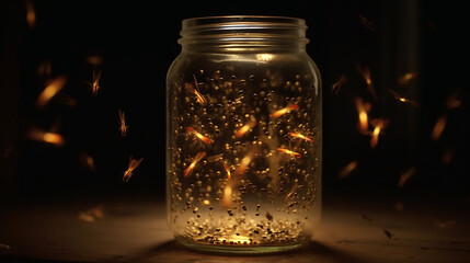 Fairy light glass mason jar black gold background  Generative AI - obrazy, fototapety, plakaty