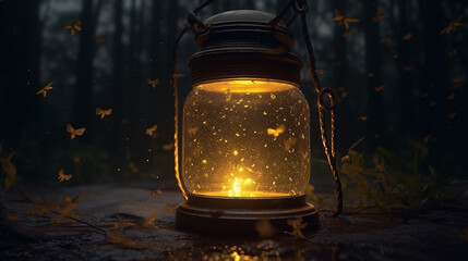 Firefly mason jar lantern fireflies Generative AI - obrazy, fototapety, plakaty