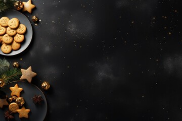 Fototapeta premium Many different gingerbread cookies on black background. Christmas greeting card with cinnamon cookies with icing decoration, fir tree branches. Holiday baking concept. Top view, flat lay, copy space