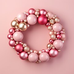 Great Christmas wreath decorated with pink and gold glitter balls on light rose background. Luxury festive wreath. Xmas decorate for greeting card, poster, flyer, banner and invitation