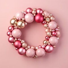 Obraz premium Great Christmas wreath decorated with pink and gold glitter balls on light rose background. Luxury festive wreath. Xmas decorate for greeting card, poster, flyer, banner and invitation