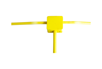 Various electrical metal aluminum conduits in yellow isolated on cut out PNG. Circular electric angle box cable conduit fittings are made at each turning points. Keeping wires organized.