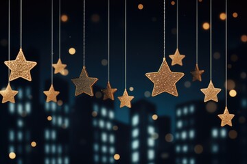 Stylish festive garland string with stars hanging in window, night blurred city on background. Scandinavian decoration, string hanging lights. Hygge 
 style. Atmospheric Christmas or New Year time
