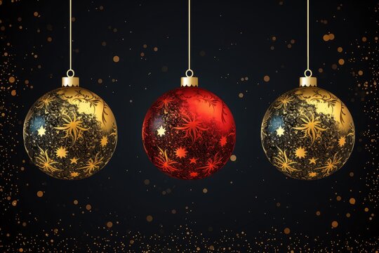 Red and black Christmas balls with golden pattern on dark background with golden lights. New year decoration, festive atmosphere concept. Banner with copy space