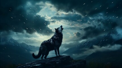 A lone wolf howling under a moonlit sky
