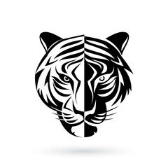 A Tiger head logo, in the style of black and white art. Illustration on white background. Symmetrical design