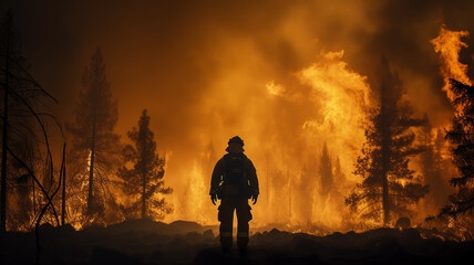 firefighter on the background of a forest fire view from the back