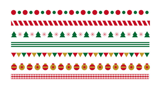 Set of pattern borders for Christmas concept in winter season December. Tree, decorative balls, garlands, flags, rhombus and stripes design elements repeating icons.
