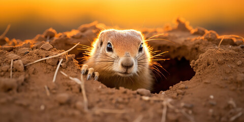 The watchful eyes of a prairie dog emerge from a hole, with a backdrop of golden, sunlit grasslands - obrazy, fototapety, plakaty