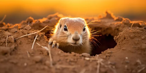 Foto op Plexiglas The watchful eyes of a prairie dog emerge from a hole, with a backdrop of golden, sunlit grasslands © PRI