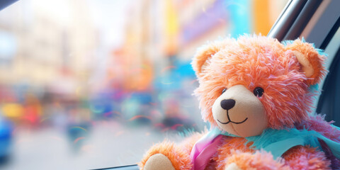 Plush teddy bear seated in a car, with the colorful blur of city streets passing by outside the window