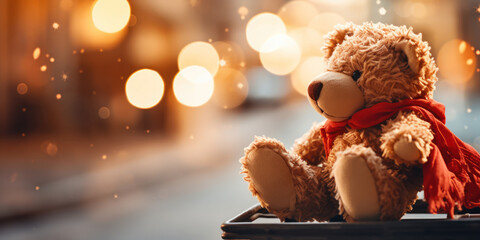 Plush teddy bear seated in a car, with the colorful blur of city streets passing by outside the window