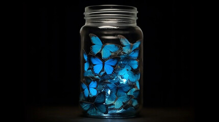 Glowing blue butterflies mason jar light  Generative AI - obrazy, fototapety, plakaty