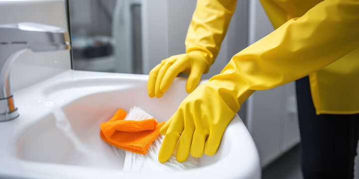 Person in white gloves meticulously cleaning a toilet with a brush, set in a bright, modern bathroom with sleek fixtures