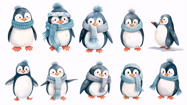 Set of watercolor winter funny penguins isolated on white background