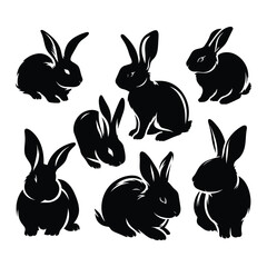 Set of bunny silhouettes isolated on a white background, Vector illustration.