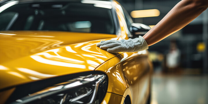 hand polishing a car with a towel, the vehicle set in a spacious, well-equipped garage