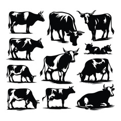 Set of cow silhouettes isolated on a white background, Vector illustration.