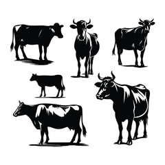 Set of cow silhouettes isolated on a white background, Vector illustration. - obrazy, fototapety, plakaty