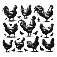 Set of Chicken silhouettes isolated on a white background, Vector illustration.