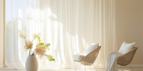 Sheer curtains and white chairs add a touch of elegance to a living room, set against the warmth of a sunny day
