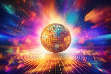 Disco or mirror ball with rainbow on bright colorful  background with lights. Music and dance party...