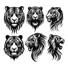 Set of tiger head silhouettes isolated on a white background, Vector illustration.